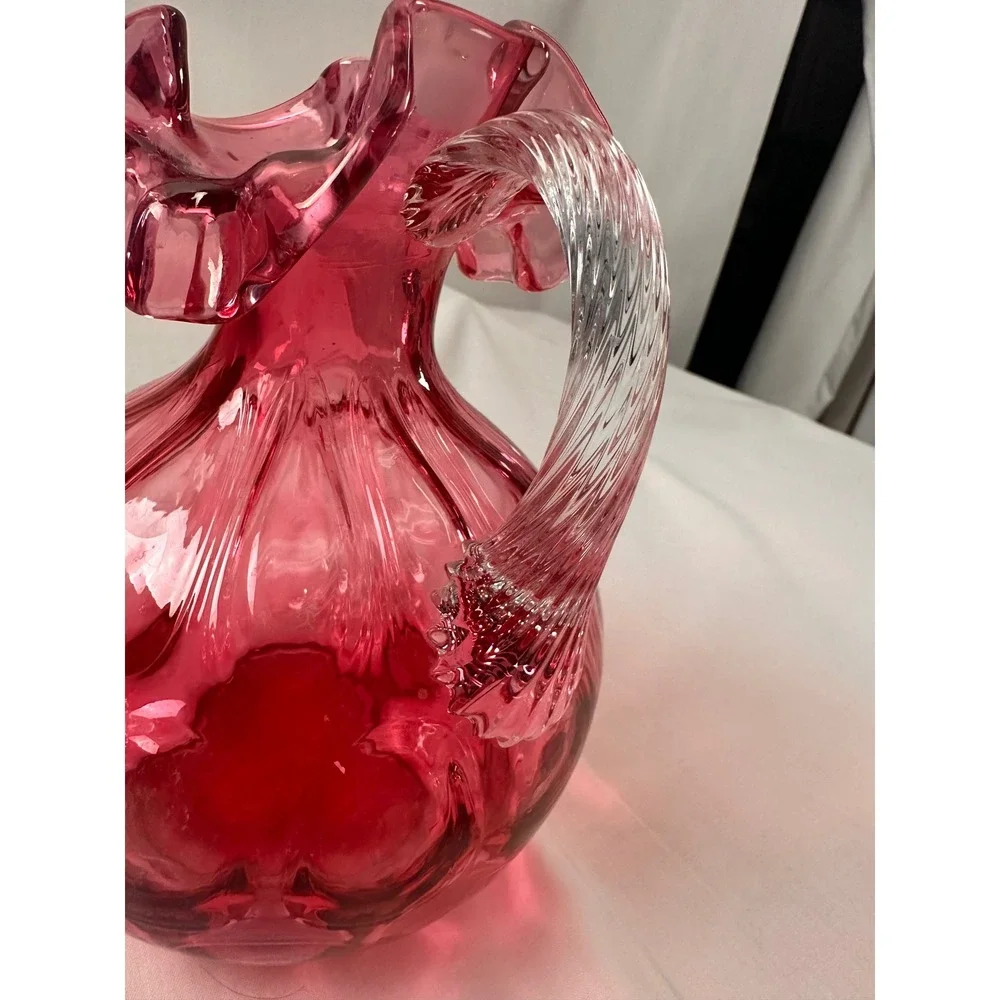 Fenton Cranberry Glass Pitcher Ruffled Rim Applied Reeded‎ Handle Optic Rib Red